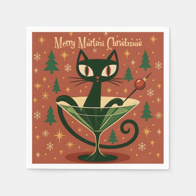 Mid Century Black Cat Merry Martini Christmas Serviette (Vorderseite)