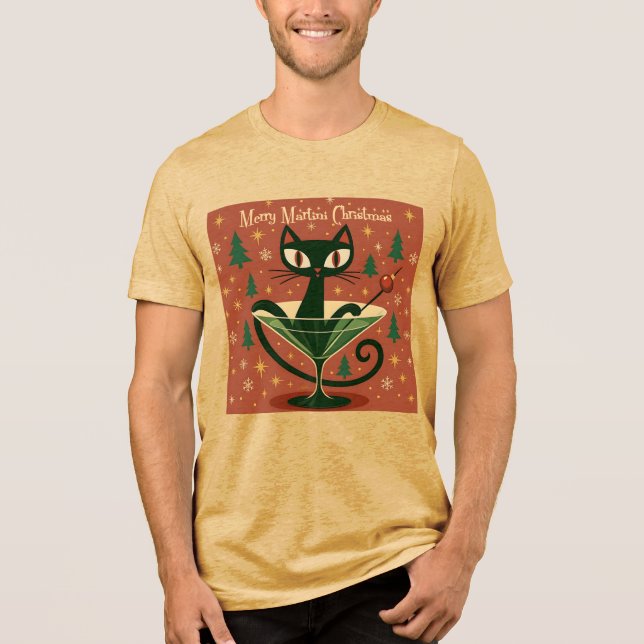 Mid Century Black Cat Merry Martini Christmas Tri-Blend Shirt (Vorderseite)