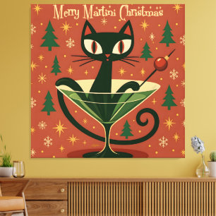 Mid Century Black Cat Merry Martini Weihnachten Leinwanddruck