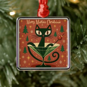 Mid Century Black Cat Merry Martini Weihnachten Ornament Aus Metall