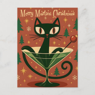 Mid Century Black Cat Merry Martini Weihnachten Postkarte