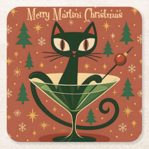 Mid Century Black Cat Merry Martini Weihnachten Rechteckiger Pappuntersetzer