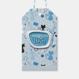 Mid Century Blue Heart Cats Birthday Geschenkanhänger