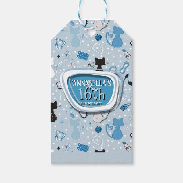 Mid Century Blue Heart Cats Birthday Geschenkanhänger (Vorderseite)