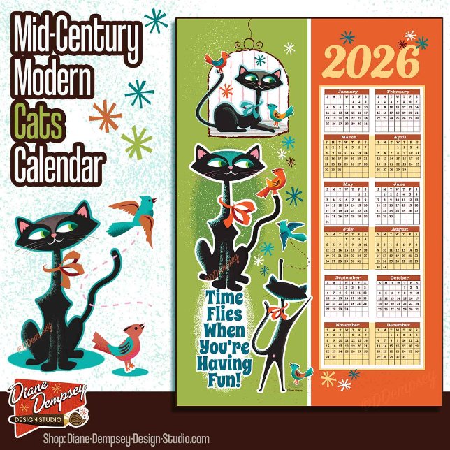 Mid-Century Cats Calendar Kitchen Towel Green/Rust Geschirrtuch (Von Creator hochgeladen)