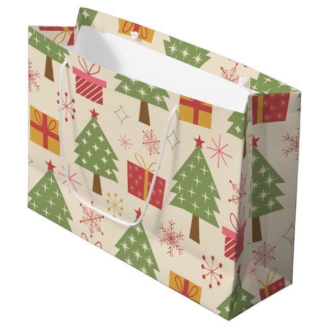 Mid Century Christmas Atomic Trees with Snowflakes Große Geschenktüte (Vorderseite Schrägansicht)