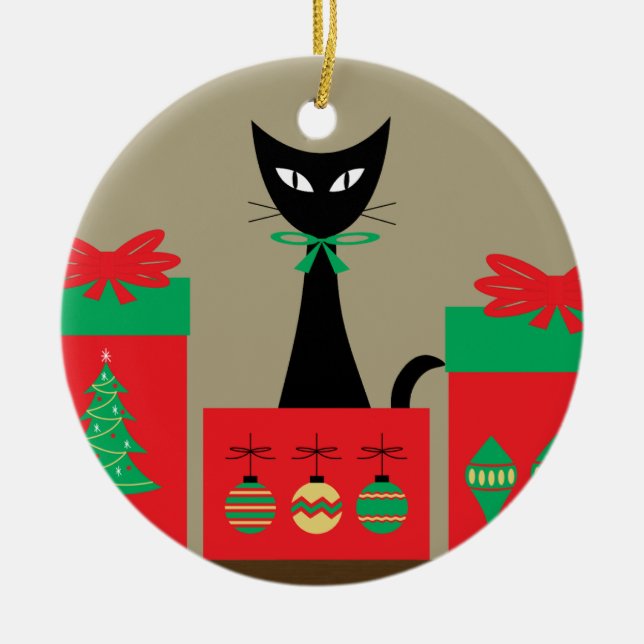 Mid Century Christmas Cat in Box Keramik Ornament (Vorne)
