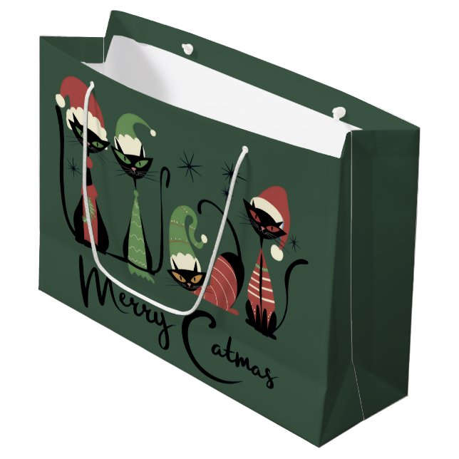 Mid Century Christmas Cats Atomic 50s Style Große Geschenktüte (Vorderseite Schrägansicht)