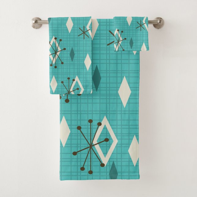 Mid Century Diamonds Sternexplosionen Türkis Badhandtuch Set (Insitu)