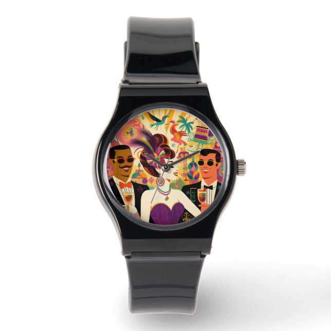 Mid Century Futuristic Mardi Gras Cocktail Party Armbanduhr (Vorderseite)
