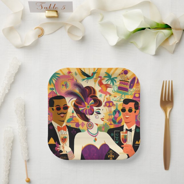 Mid Century Futuristic Mardi Gras Cocktail Party Pappteller (Hochzeit)
