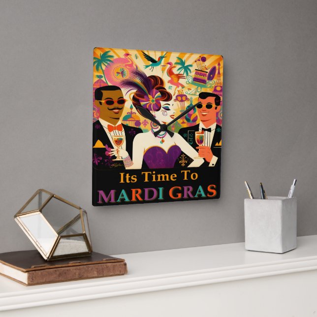 Mid Century Futuristic Mardi Gras Cocktail Party Quadratische Wanduhr (Büro)