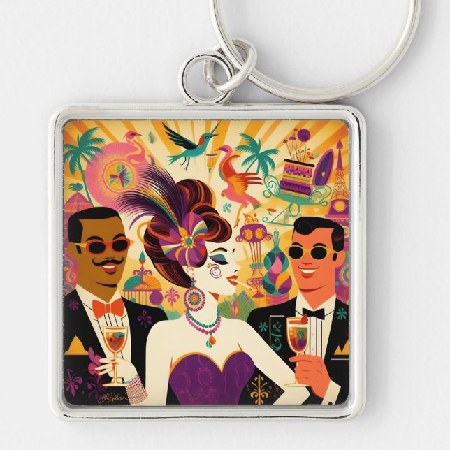 Mid Century Futuristic Mardi Gras Cocktail Party Schlüsselanhänger (Vorne)