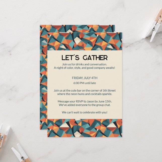 Mid-Century Geometric Teal & Orange | Custom Einladung (Vorderseite/Rückseite Beispiel)