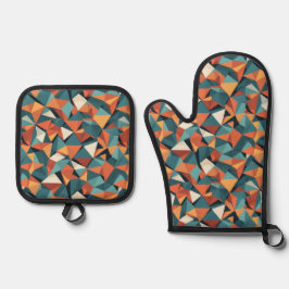 Mid-Century Geometric Teal & Orange Pattern Ofenhandschuh & Topflappen-Set