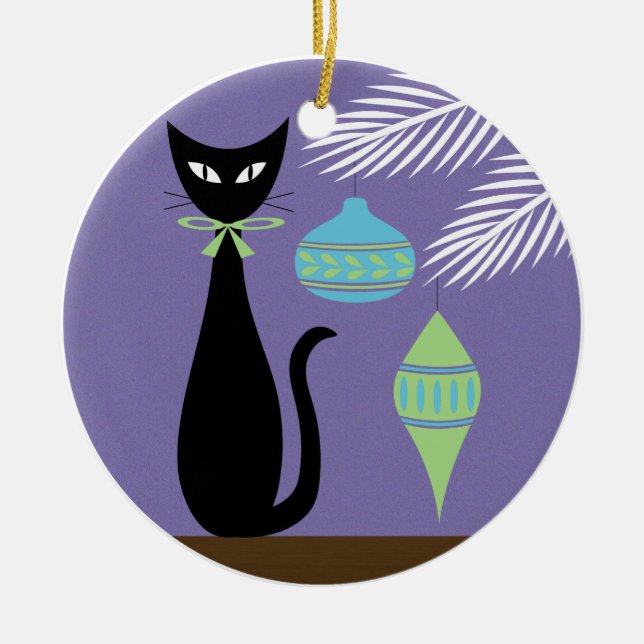 Mid Century Holiday Cat with Ornaments 2 Keramik Ornament (Vorne)