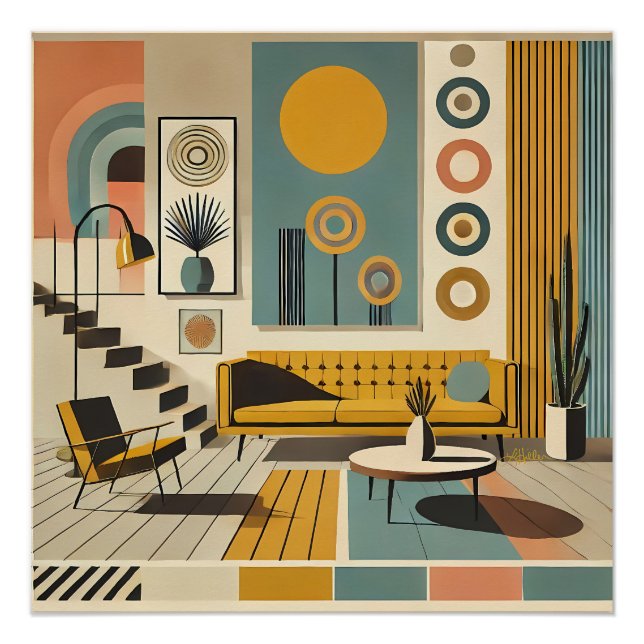Mid-Century-Interieurdesign Wüstenwohnzimmer Poster (Vorderseite)