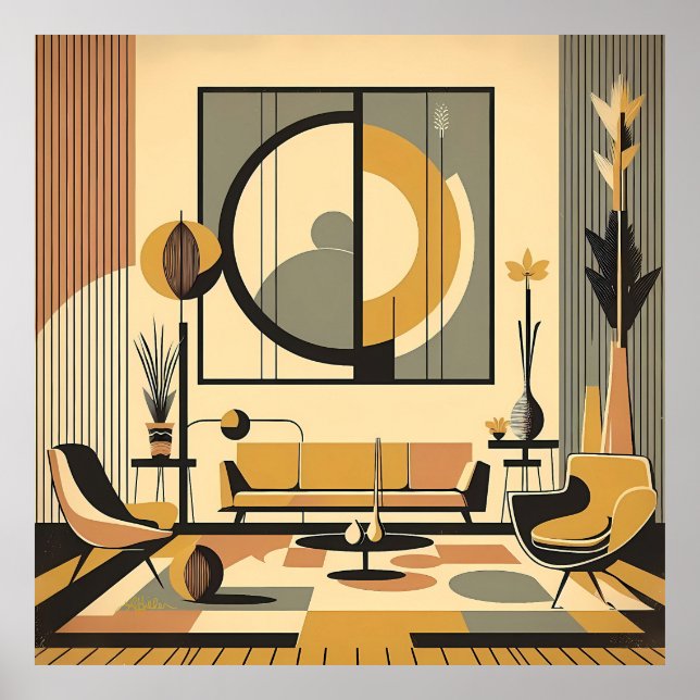 Mid Century Interior Design Autumn Hues Livingroom Poster (Vorne)