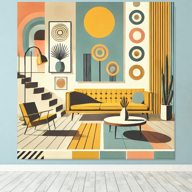 Mid Century Interior Design Dessert Livingroom Leinwanddruck (Insitu (Holzboden))