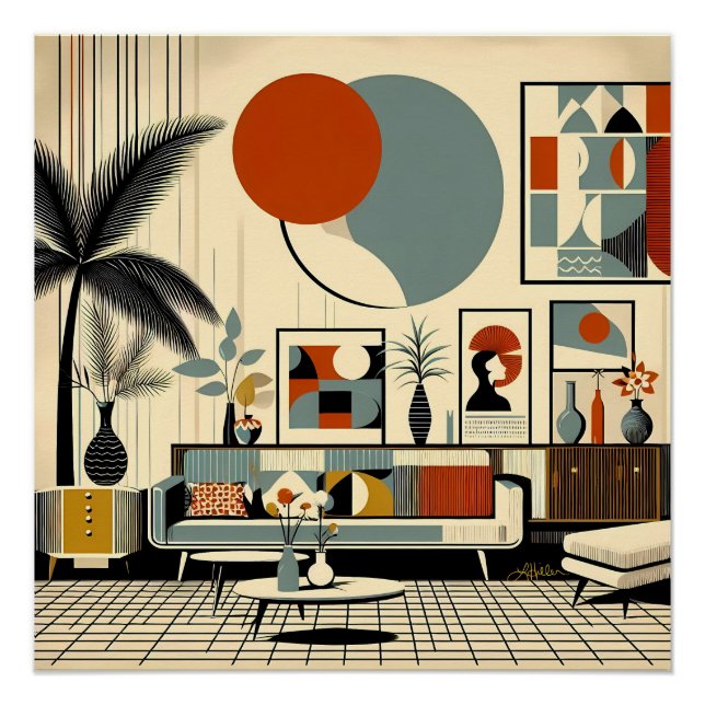 Mid-Century-Interior-Design verdunkelt Wohnzimmer Poster (Vorderseite)