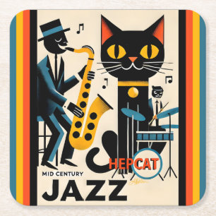 Mid Century Jazz Age HepCat Schwarze Katze Rechteckiger Pappuntersetzer