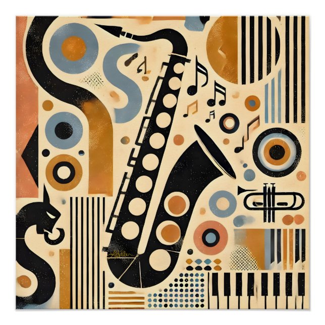 Mid Century Jazz Age Minimalist Art Saxophone Poster (Vorderseite)