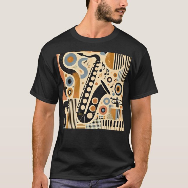 Mid Century Jazz Age Minimalistisch Art Saxophon T-Shirt (Vorderseite)