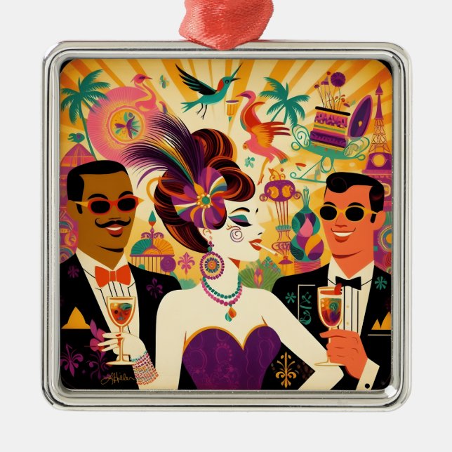 Mid Century Mardi Gras Cocktail Party Ornament Aus Metall (Vorne)