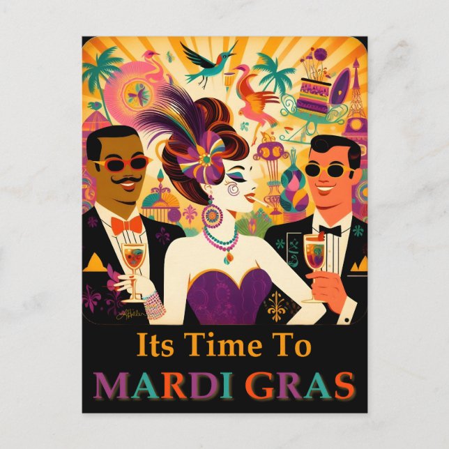 Mid Century Mardi Gras Cocktail Party Postkarte (Vorderseite)