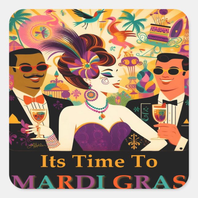 Mid Century Mardi Gras Cocktail Party Quadratischer Aufkleber (Vorderseite)