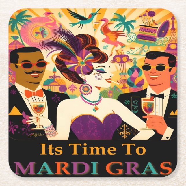 Mid Century Mardi Gras Cocktail Party Rechteckiger Pappuntersetzer (Vorderseite)