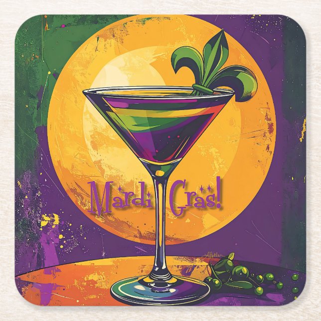Mid Century Mardi Gras Sunset Fleur De Lis Martini Rechteckiger Pappuntersetzer (Vorderseite)