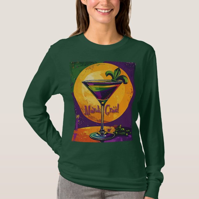 Mid Century Mardi Gras Sunset Fleur De Lis Martini T-Shirt (Vorderseite)
