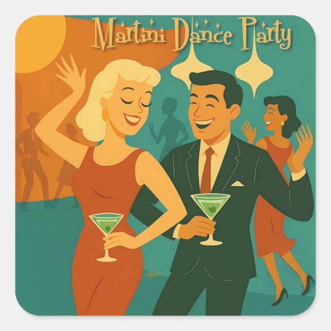 Mid Century Martini Dance Party Quadratischer Aufkleber (Vorderseite)