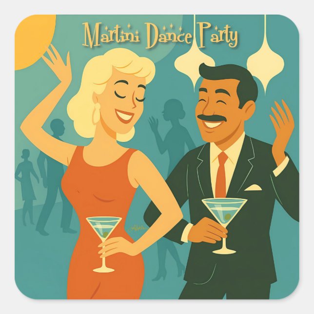 Mid Century Martini Dance Party Quadratischer Aufkleber (Vorderseite)