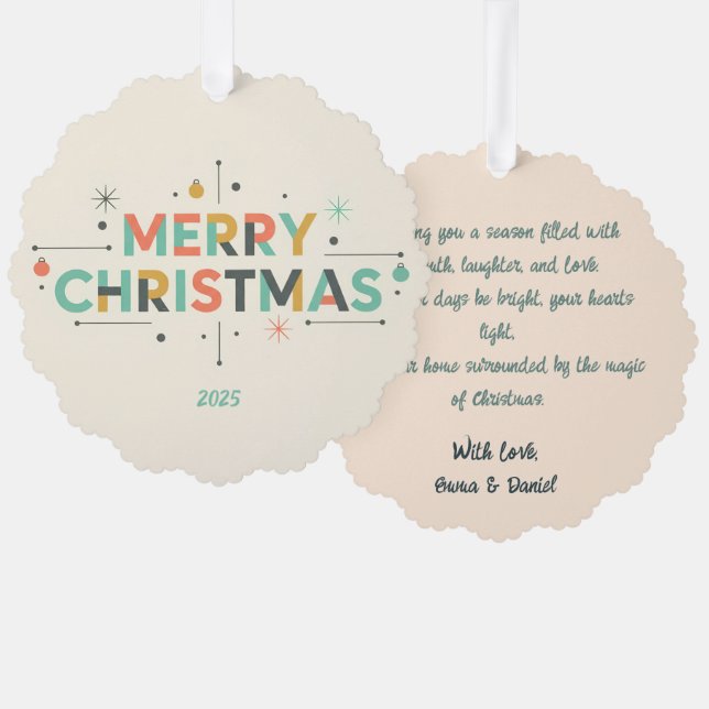 Mid-Century Merry Christmas – Retro Style Ornament Karte (Vorderseite/Rückseite)