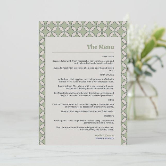 Mid Century Mod Retro Wedding Olive Green Menu Menükarte (Stehend Vorderseite)