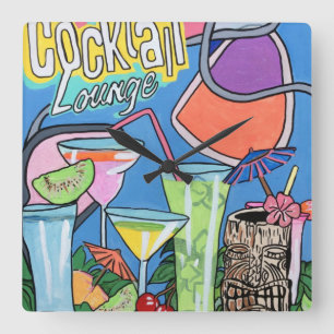 Mid Century Mod Tropical Tiki Lounge painting on a Quadratische Wanduhr