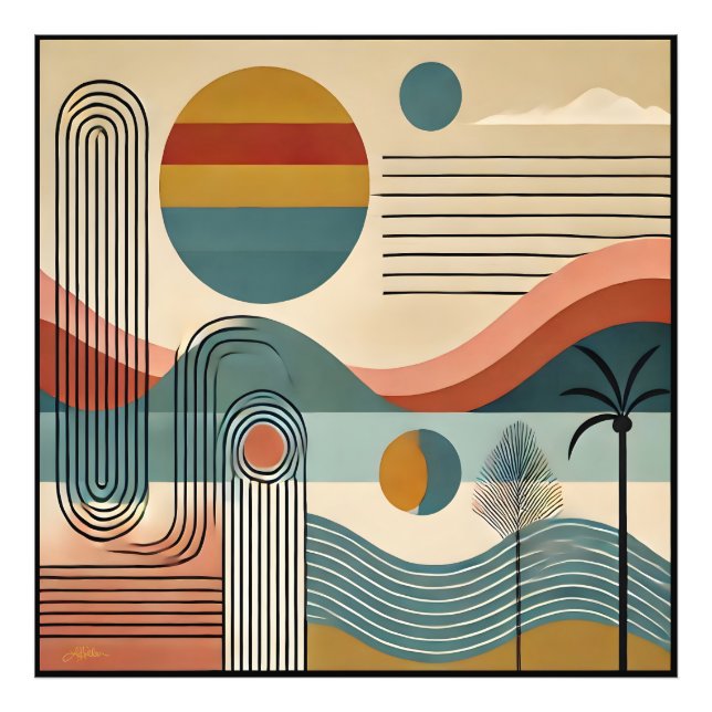 Mid Century Modern Art Beach Sunrise Fotodruck (Vorne)