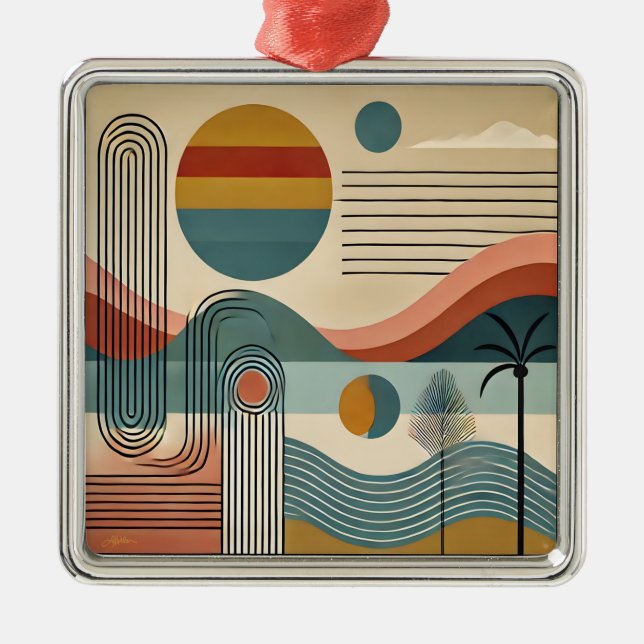 Mid Century Modern Art Beach Sunrise Ornament Aus Metall (Vorne)