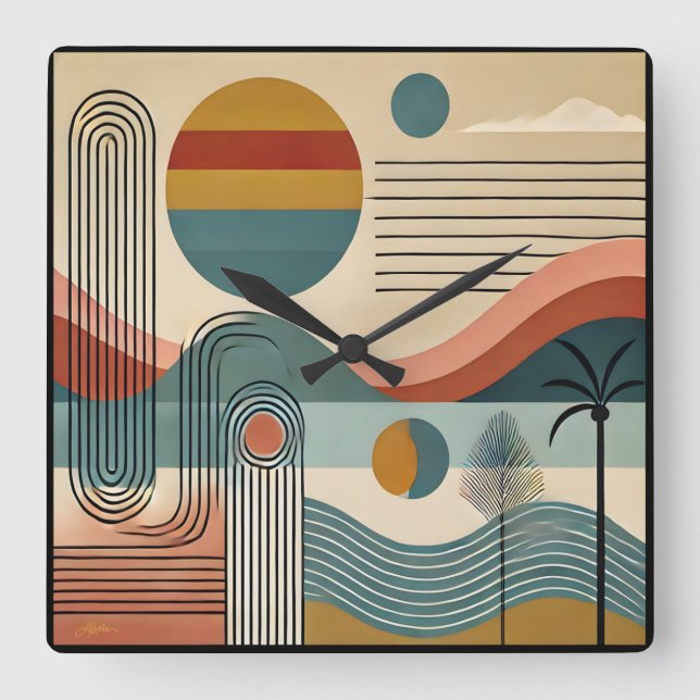 Mid Century Modern Art Beach Sunrise Quadratische Wanduhr (Vorderseite)