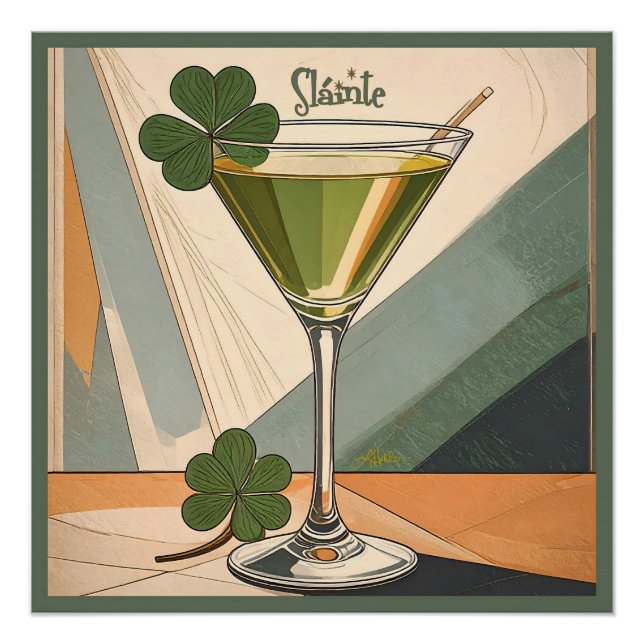 Mid Century Modern Art Shamrock Martini Sláinte!  Poster (Vorderseite)