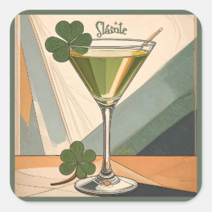 Mid Century Modern Art Shamrock Martini Sláinte! Quadratischer Aufkleber