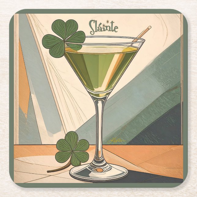 Mid Century Modern Art Shamrock Martini Sláinte!  Rechteckiger Pappuntersetzer (Vorderseite)