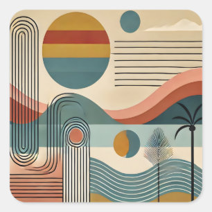 Mid Century Modern Art Strand Sonnenaufgang Quadratischer Aufkleber
