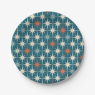 Mid-Century-Modern-Atom-Sternenmuster Türkis Pappteller