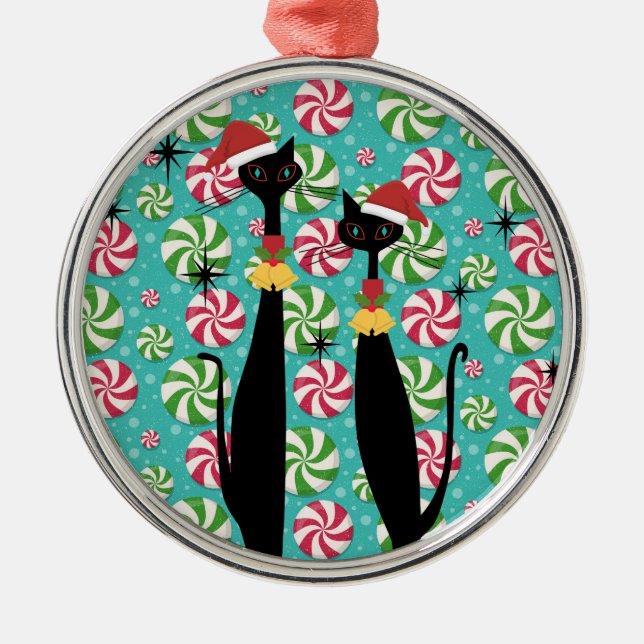 Mid Century Modern Atomic Era Cool Cat Peppermint Ornament Aus Metall (Vorne)