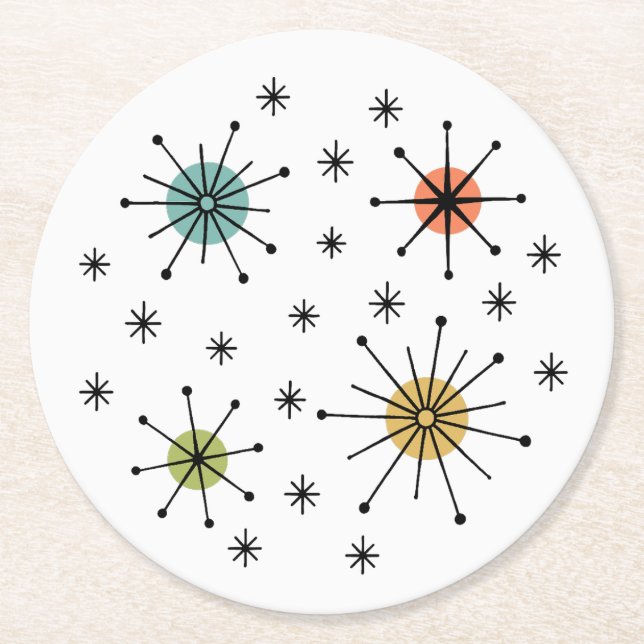 Mid Century Modern Atomic Starburst Pattern Runder Pappuntersetzer (Vorderseite)