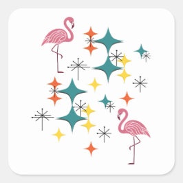 Mid Century Modern Atomic Starburst Rosa Flamingos Quadratischer Aufkleber