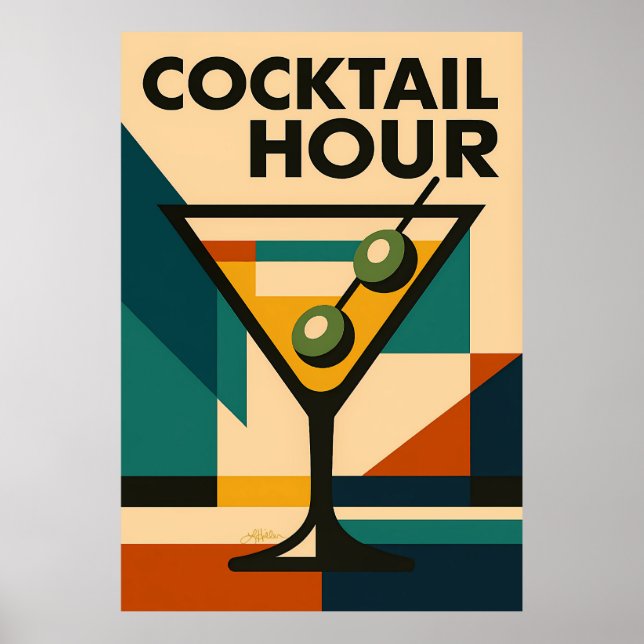 Mid Century Modern Bauhaus Cocktail Hour Martini Poster (Vorne)